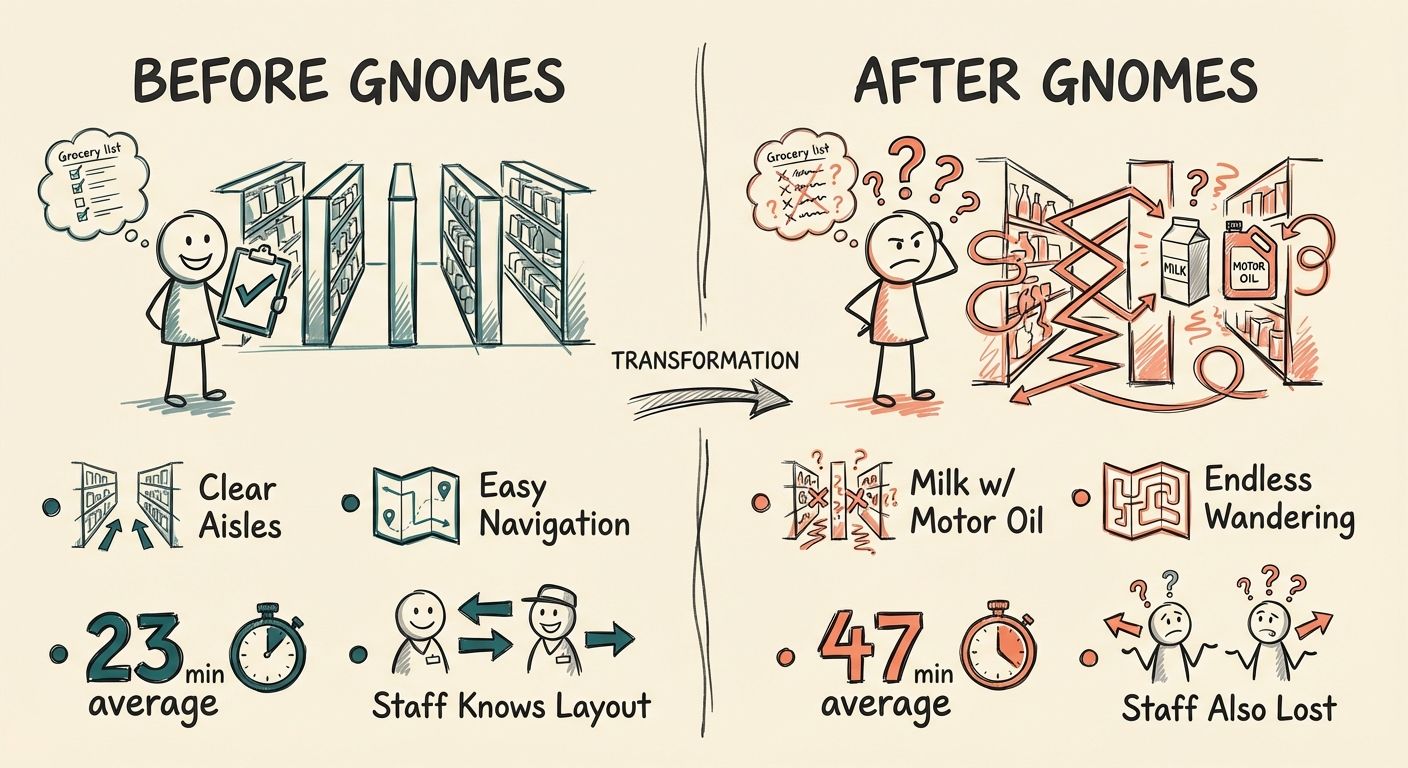 Before and After Grocery Gnomes comparison showing organized vs chaotic store layouts
