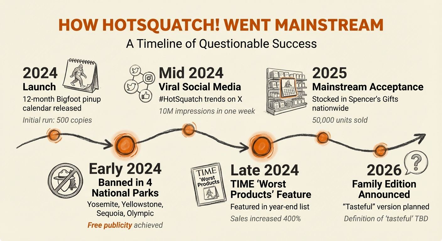 Timeline showing HotSquatch's evolution from banned curiosity to mainstream sensation