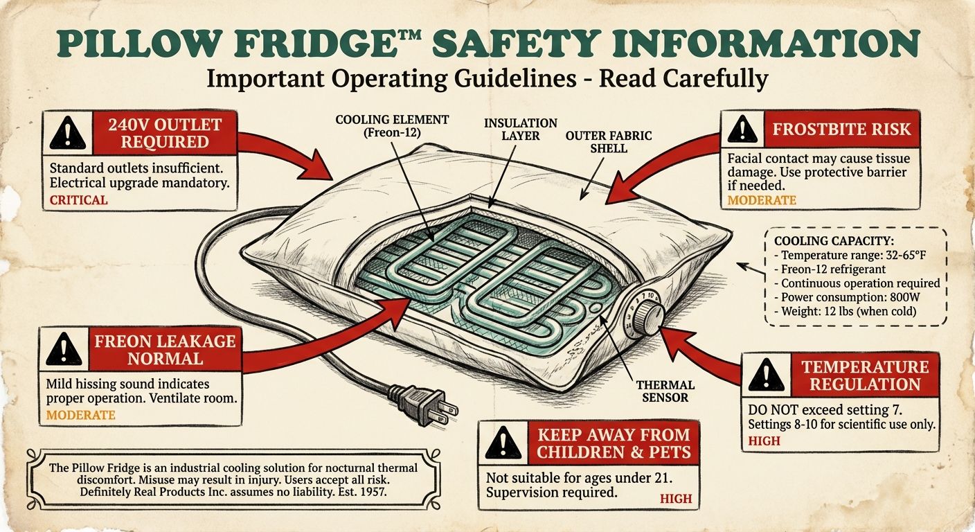 Vintage 1950s-style safety diagram showing proper and improper uses of the Pillow Fridge