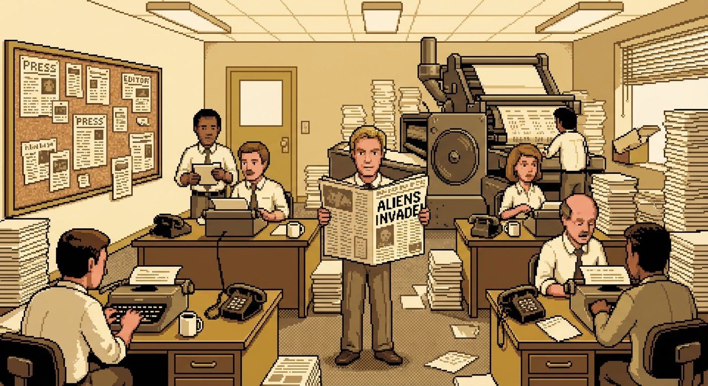 DeRP Inc. newsroom with printing press and press releases